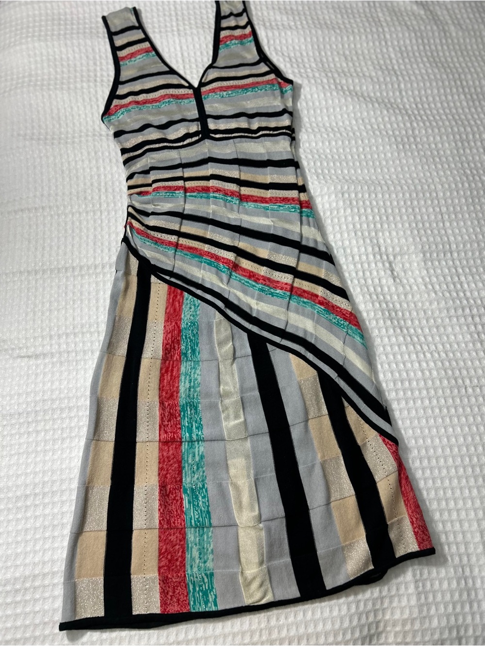 Vintage Sleeveless V-Neck Striped Midi Dress in 90% Cotton